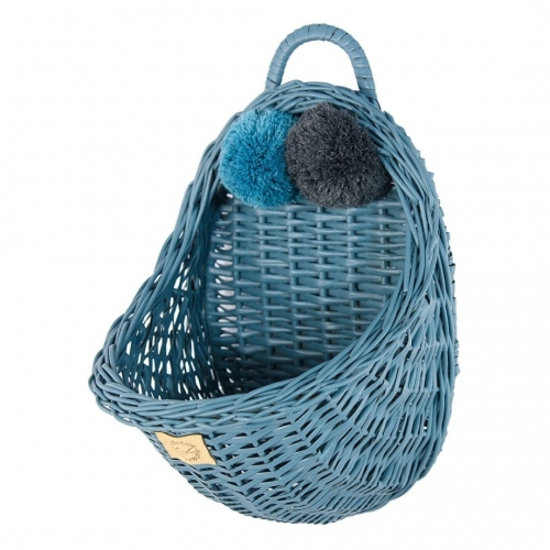 Rattan Wandkorb blau Pompon